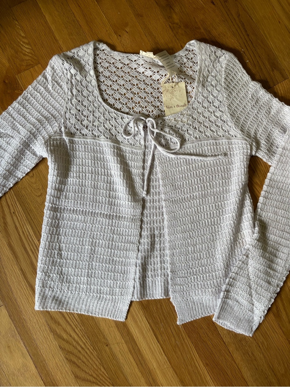 New - Women’s Hem And Thread Pointelle Front Tie Boho Cardigan Sweater Sz Small